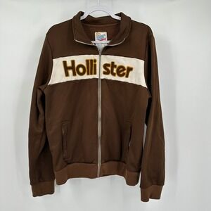 Hollister Mens Y2K Surf Zip Up Jacket Size XL Brown Puff Embroidery Logo Skater